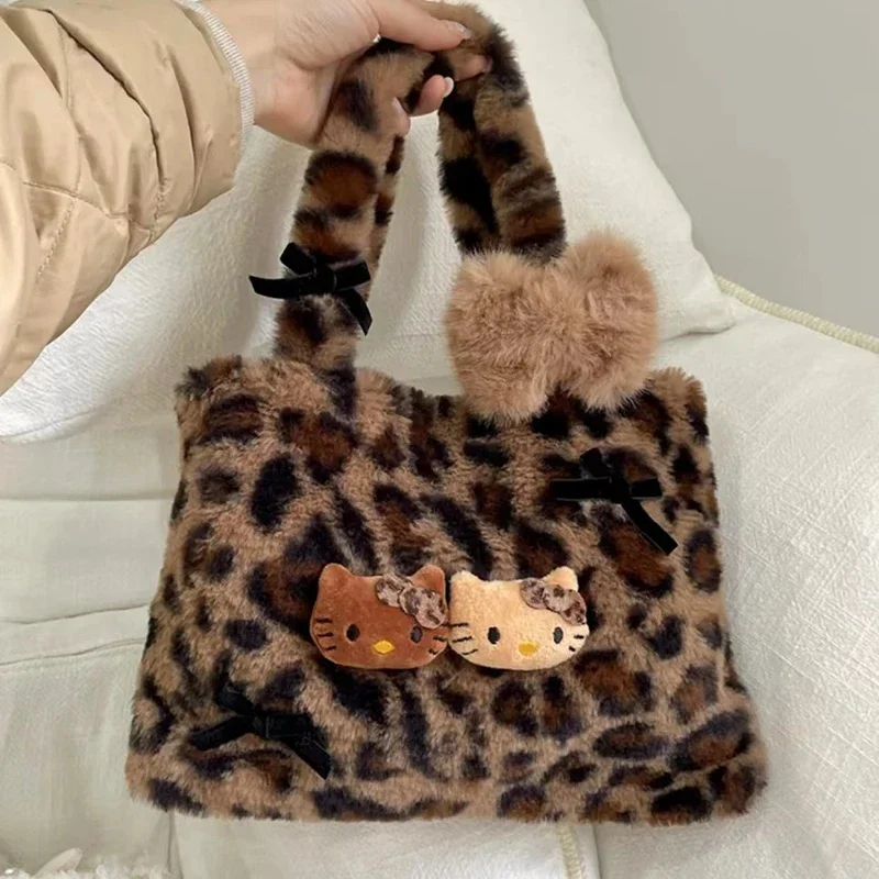 Hello Kitty leopard print plush fashion cute handbag for girls shoulder bag armpit handbag lightweight and durable gift forgirls - Image 2