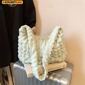 HOMEFISH Crossbody Bag With Pleated Design Embroidered Plaid Shoulder Bag Underarm Bags Simple Large Capacity Quilted Tote Bags