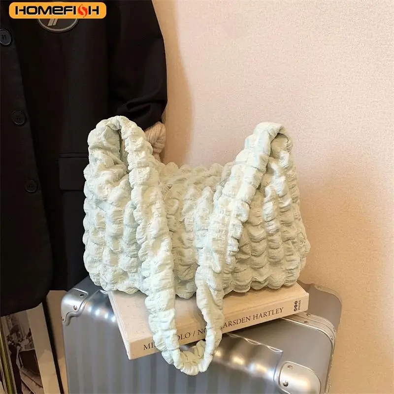 HOMEFISH Crossbody Bag With Pleated Design Embroidered Plaid Shoulder Bag Underarm Bags Simple Large Capacity Quilted Tote Bags