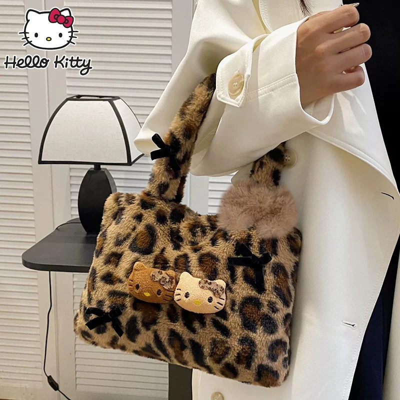 Hello Kitty leopard print plush fashion cute handbag for girls shoulder bag armpit handbag lightweight and durable gift forgirls - Image 3