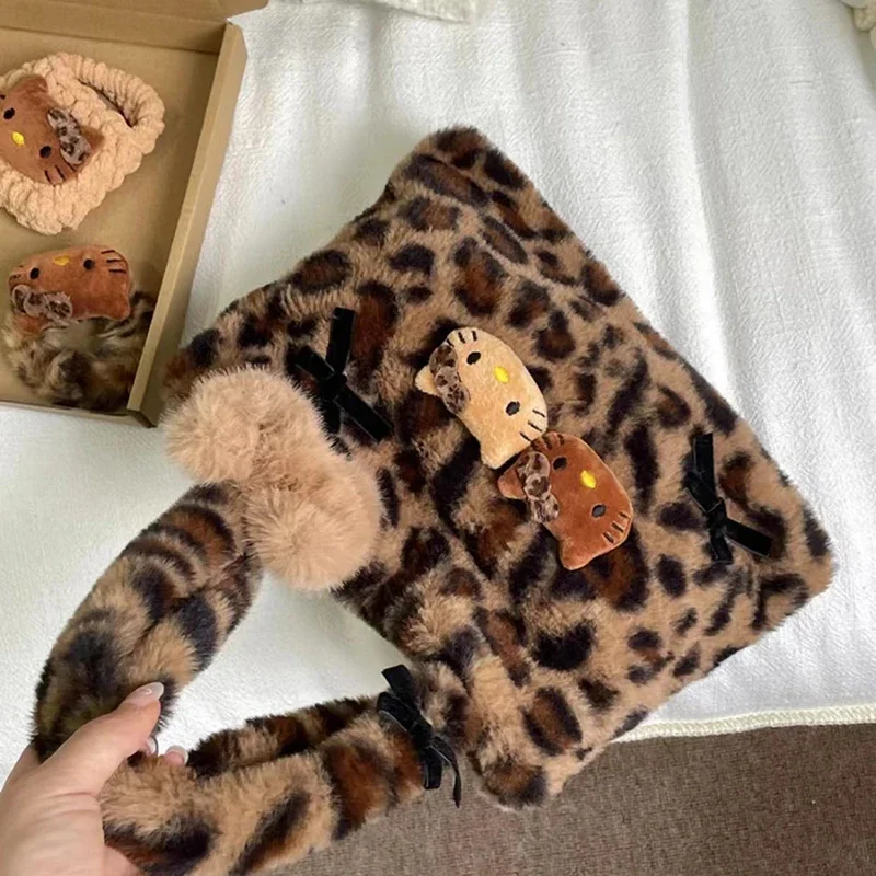 Hello Kitty leopard print plush fashion cute handbag for girls shoulder bag armpit handbag lightweight and durable gift forgirls - Image 4